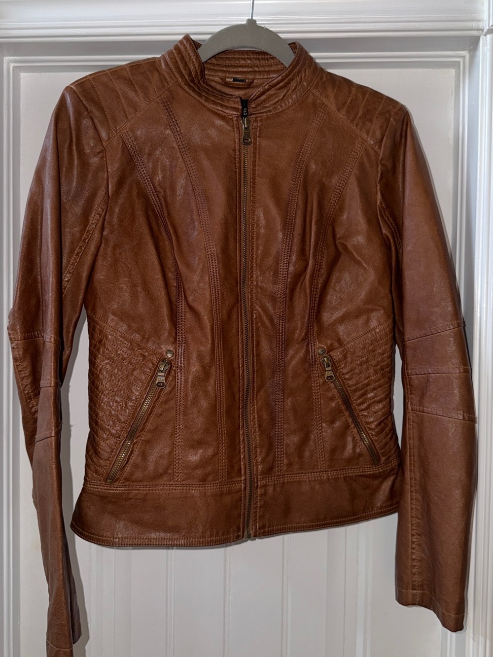 Guess Women's Cognac Brown Leather Zip Jacket